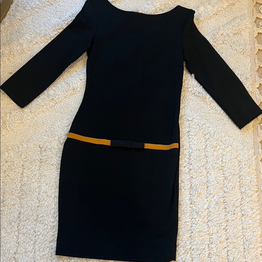 S JOYMISS love Black Midi Sheath Dress with Mustard Accent and Waist Bow